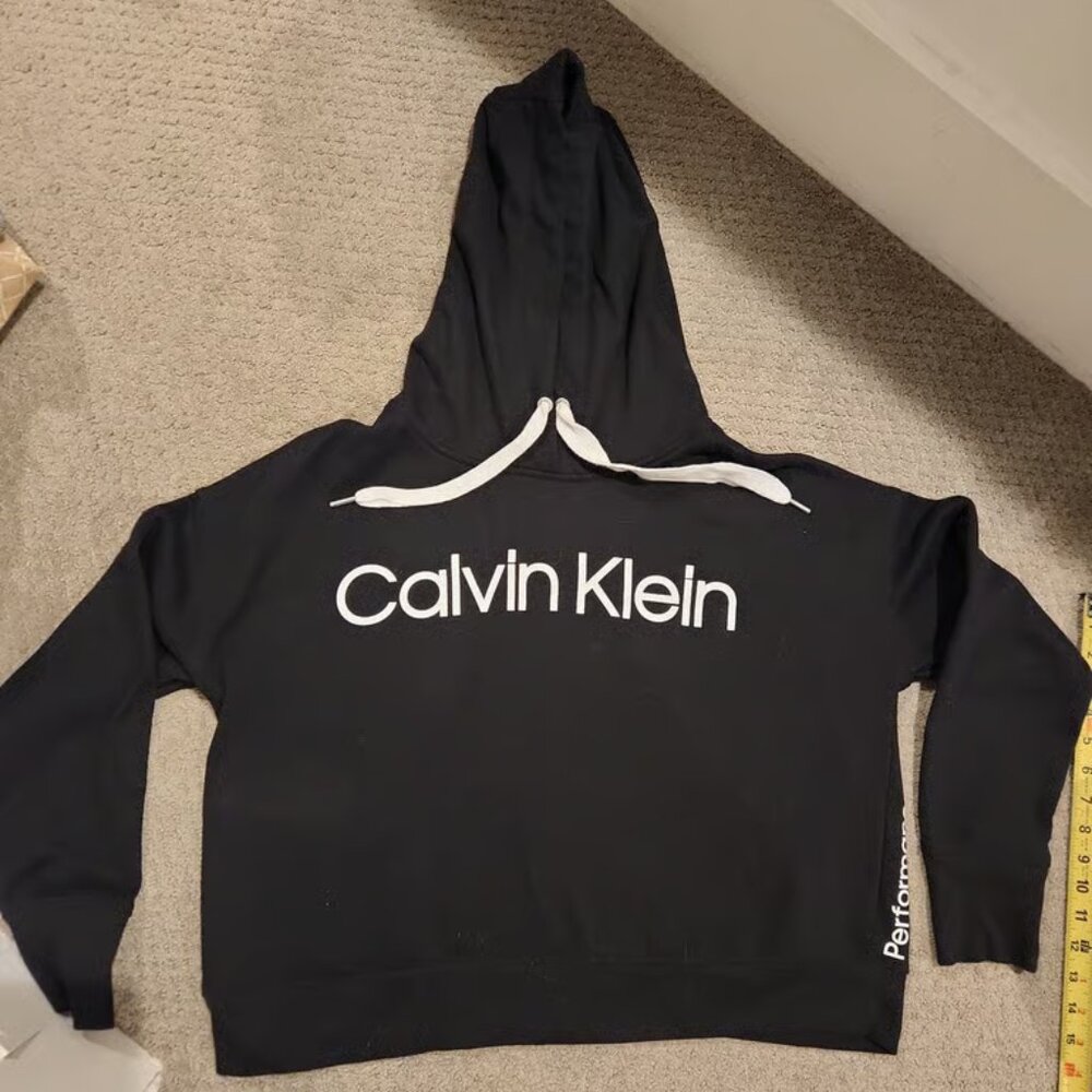NEW Calvin Klein Women Performance BlackWhite Thumbholes Cropped Pullover Hoodie